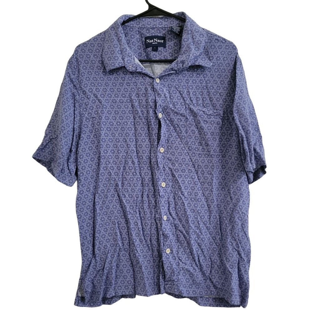 Nat Nast Button Up Shirt Mens Size Large Blue Geometric Print Short Sleeve Rayon